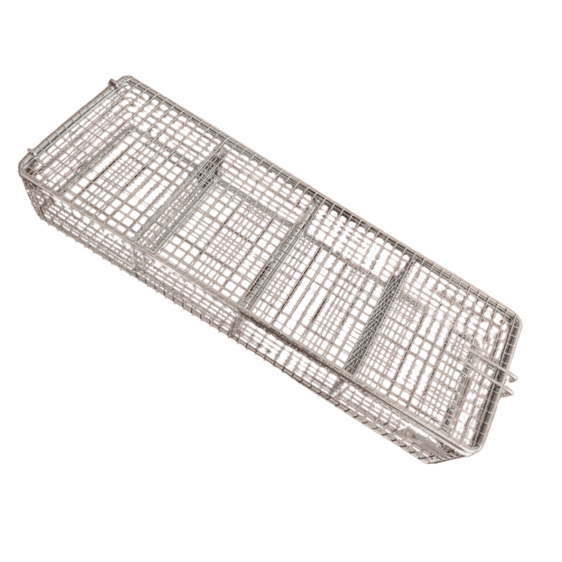 Basket with a hinged cover to keep small SCBA parts in place during cleaning and drying.