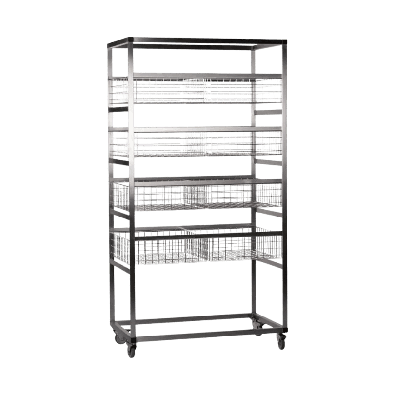 Stainless steel trolley for drying 8 A03 baskets inside the F12 drying cabinet.