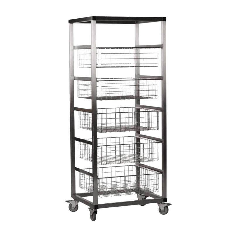Stainless steel trolley with 5 A03 baskets for use in the M45 or M45B cabinet.